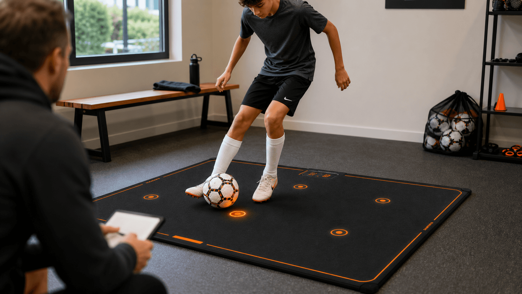 Youth soccer player training at home on the STRK smart football mat